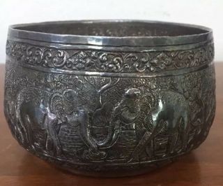 Antique Thai Siam 950 Sterling Silver Repousse Bowl W Elephant Tree 150g 5 "