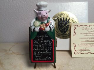 Limoges Box Pig Chef & Menu Peint Main France Parry Vieille Pv No.  :621/2500