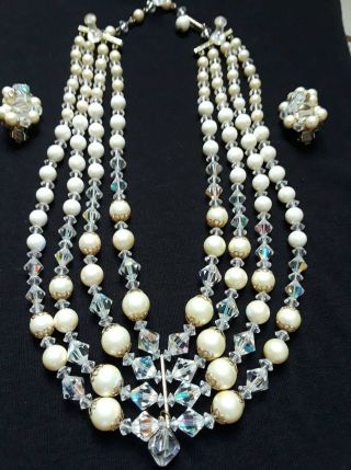 Vintage Signed Kramer Demi Parure Necklace And Earring Set.  Faux Pearl,  Crystal