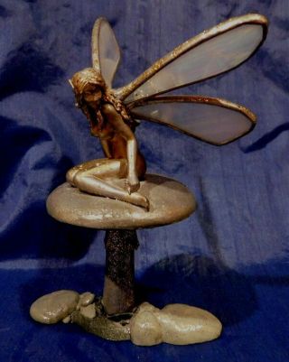 Warner Art Glass Monster Metals Susie Fairy On Mushroom Hand Cast W/ Glass Wings