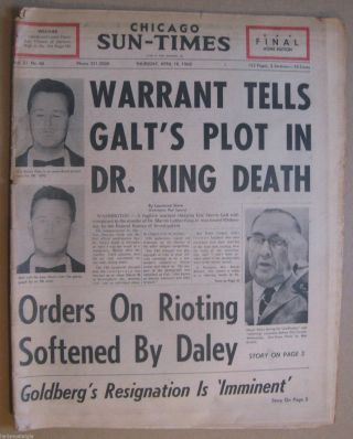 April 18,  1968 Chicago Sun - Times (partial Paper) Dr.  King Death Plot,  Stanley Cup