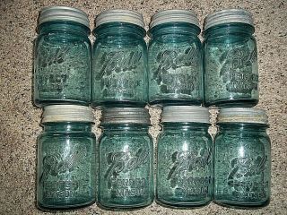 (8) Vintage Pint Aqua Blue Ball Mason Canning Jars W/ Zinc Lids - 1910 - 1933