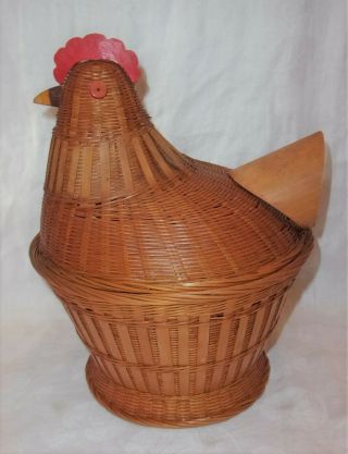 Large Vintage Wicker/woven Chicken Basket Covered Button Eyes Wooden Tail Beak