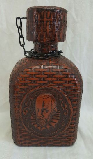 Vintage Spanish Don Quixote Leather Wrapped Decanter Whiskey Bottle W/ Stopper