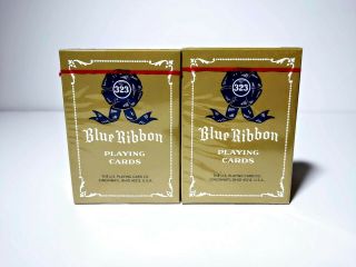 2 - Deck Set Of Blue Ribbon 323 Playing Cards Rosette Back In Blue And Red - Uspcc