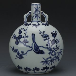 Big Rare Old Chinese Ming Dynasty Blue White Porcelain Flowers Bird Vase