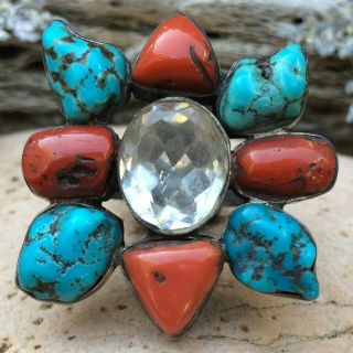 Large Vintage Native American Navajo Sterling Turquoise Coral Topaz Ring Sz 8