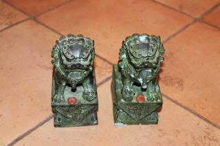 Antique Pair Bronze Foo Dogs Red Wax Seal Signed On Bottom.