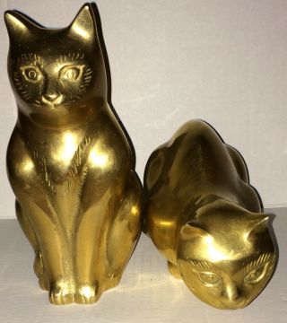 Vintage Large Brass Cats 1 Sitting 1 Crouching Figurines Statues