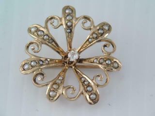 Victorian 14k Solid Gold Mine Cut Diamond & Seed Pearl Pin / Pendant $9.  99