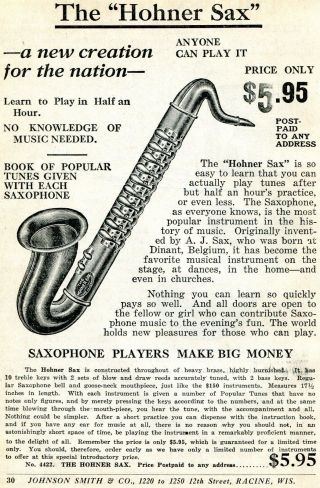1926 Small Print Ad Of The Hohner Sax Saxophone Players Make Big Money