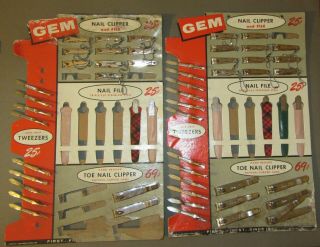 (2) Gem Nail Clippers,  Files & Tweezers Vintage 1959 Store Counter Display Stand