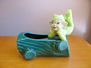 Vintage Pixie Elf On Log Planter Chartreuse Green Cute