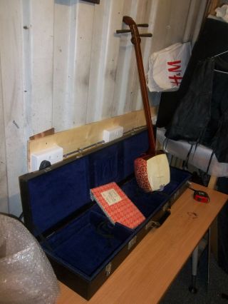 Vintage Japanese Shamisen Stringed Wood Musical Instrument In Case