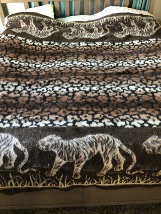 Vintage Peruvian Alpaca Wool Blanket Leopard Cat Reversible Brown Tan