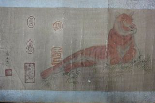 Fine Long Rare Old Chinese Scroll Hand Painting Tiger & Turtle " Yiyuanji " Marks