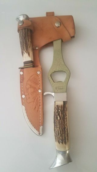 Vintage Hoffritz Knife & Axe Combo With Leather Sheath Germany