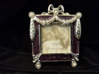 Lenox Enamel Picture Frame Purple Rhinestones Silver Pearl