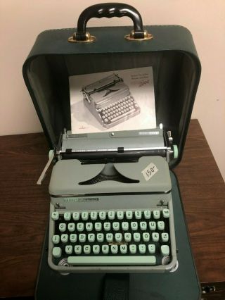Vtg 1960s Hermes 2000 Portable Typewriter In Green W/leather Carrying Case