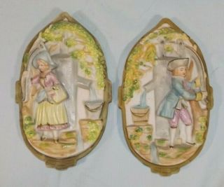 2 Vtg Bisque Porcelain Wall Plaques Colonial Couple Occupied Japan 7.  5 " 3d
