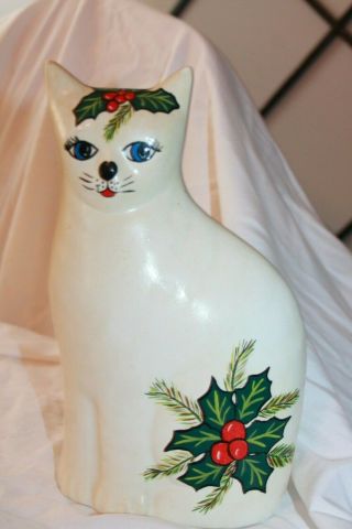 Vtg Large 9.  75 " Ceramic Porcelain Cat Statue Figurine Hand Painted Holly Xmas