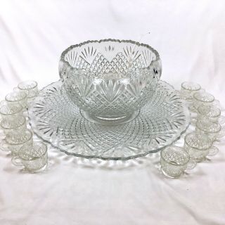 Vintage L.  E.  Smith Glass Pineapple Punch Bowl Set Platter 12 Cups Ladle