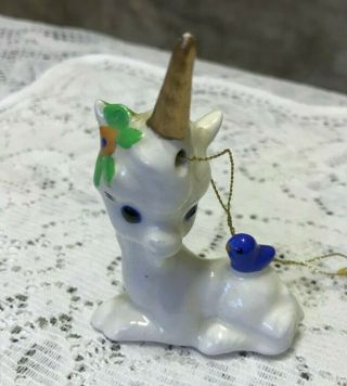 Vintage Miniature Porcelain Unicorn With Bluebird Ornament Figurine