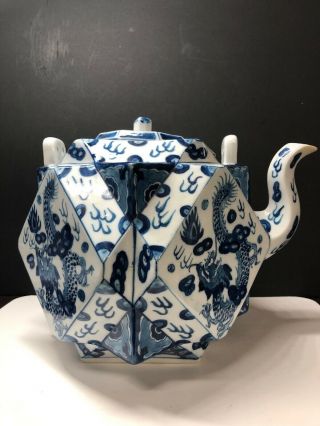 Chinese Blue And White Large Porcelain Teapot,  Unusual Design,  Signed Rare