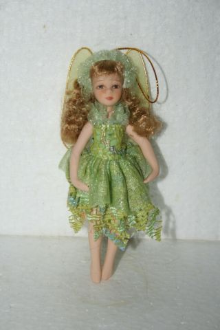 Hand Craft Porcelain Poseable Wing Fairy Doll Ornament 5 - 1/4 " Tall Blonde Green