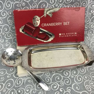Wm Rogers Silver Cranberry Serving Spoon Tray Set Box 99 Vintage