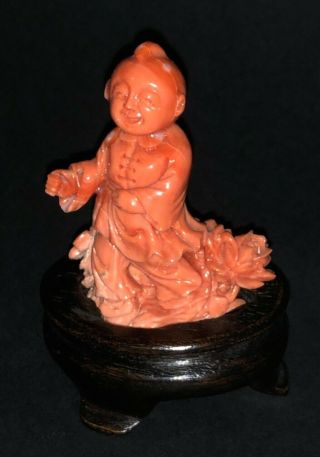Fine Chinese Hand Carved Red Coral Little Boy Figure Statue