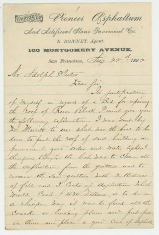 Letter To Adolph Sutro 1892 From Pioneer Asphaltum - Bid For Roof Repair