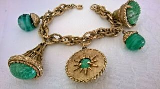 Vintage Jewellery Victorian Style Charm Bracelet Glass Carved Jade Peking Glass