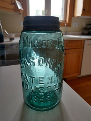 Bold Embossed The Marion Quart Mason Fruit Jar Teal/deep Blue Green