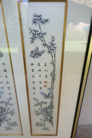 Fine Old Chinese Signed Inscribed Grisaille 19th Pair Silk Embroidery Panels 3