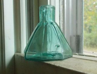 1870s Rich Aqua 8 Sided Umbrella Ink Bottle With Bird Swing Glass Drip In Corner