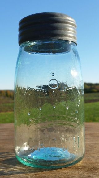 Whittled Aqua Imperial Midget Pint Bulge Crown Fruit Jar Con