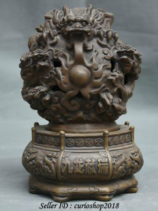 9.  6 " Marked Old Chinese Dynasty Bronze Fengshui 9 Dragon Statue Incense Burner