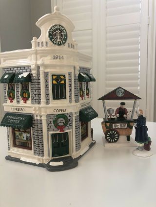 Dept 56 Snow Village Starbucks Coffee Shop & Cart Boxes Lighted Retired
