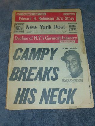 Jan.  28,  1958 Ny Newspaper: Brooklyn Dodgers Catcher Roy Campanella Breaks Neck