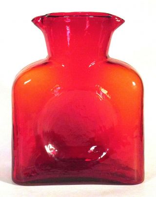 Vintage Blenko Glass Two Spout Water Bottle 384 Ruby Red Tangerine Orange