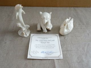 Lenox Porcelain White And Gold Animal Trio,  Swan,  Dolphin,  Elephant With