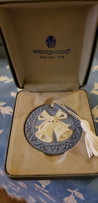 Vintage 1991 Wedgwood Blue Jasperware Bells Ornament W/box