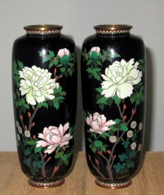 Rare Fine Pair Meiji Period Japanese Silver Wire Cloisonne Enamel Vases - Peonies