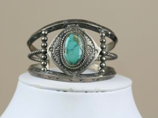 Vintage Fred Harvey Era Old Pawn 1 - 5/8 " Wide Turquoise Stamped Cuff Bracelet