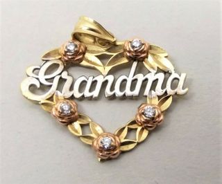 Vtg 10k Gold Grandma Diamond Pendant Charm Text Word Script Mothers Day Gift