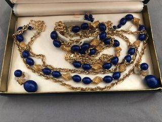 Signed Crown Trifari Blue Stone Clip Earring Necklace 2 Brac Set W/ Orig Box