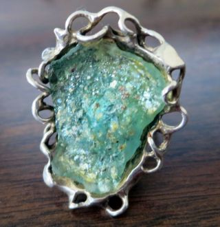Converstation Piece: Big Sterling Israel Ring W Roman Glass - Size 7,  1 5/8 Inch