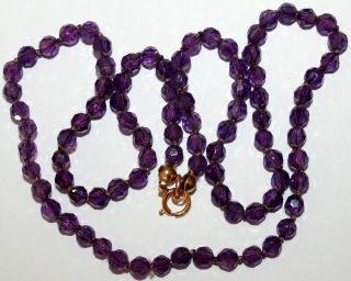 Vintage Natural 4mm Faceted Amethyst Beads 9k Gold Clasp Knotted Fine Necklace