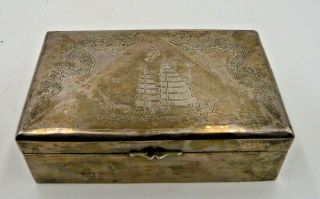 Sterling Silver Antique Wood - Lined Hinged Box Chinese Junk & Dragons Monogram P